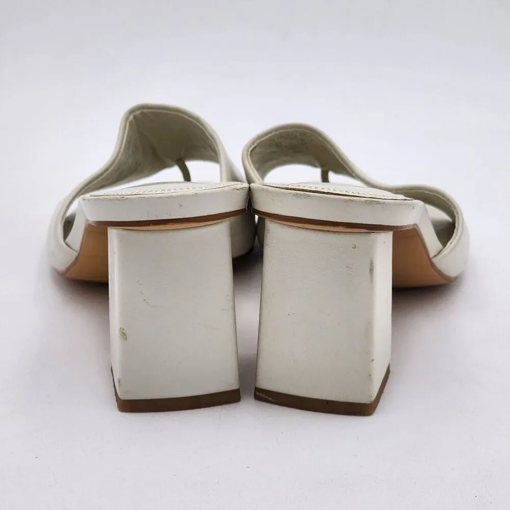 Zara Square Toe Leather Block Heel Slide On Sandals White Size 39 EU 8 US